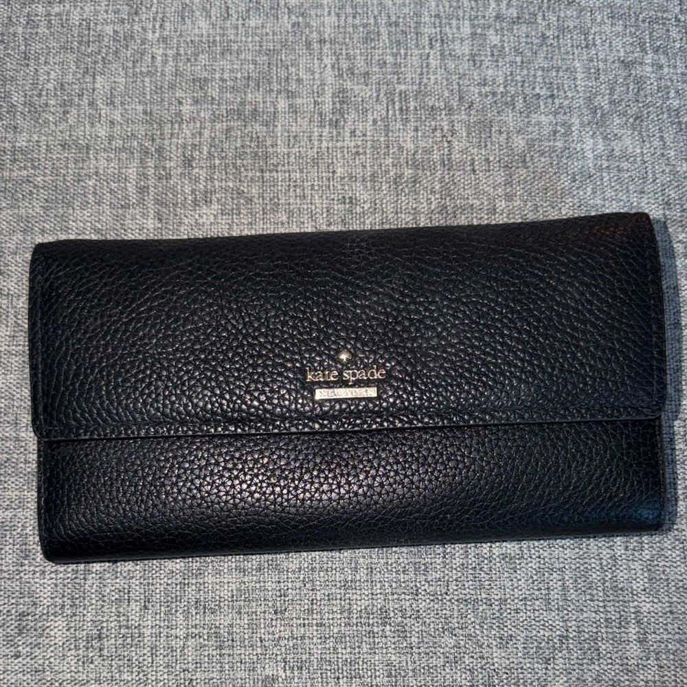 kate spade Black Pebbled Leather Wallet with Gold Logo